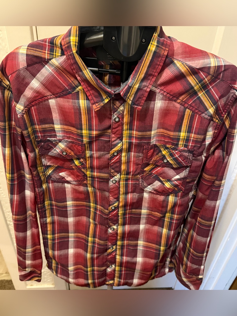 BKE Red Plaid snap Button-Down Shirt with Yellow Accents